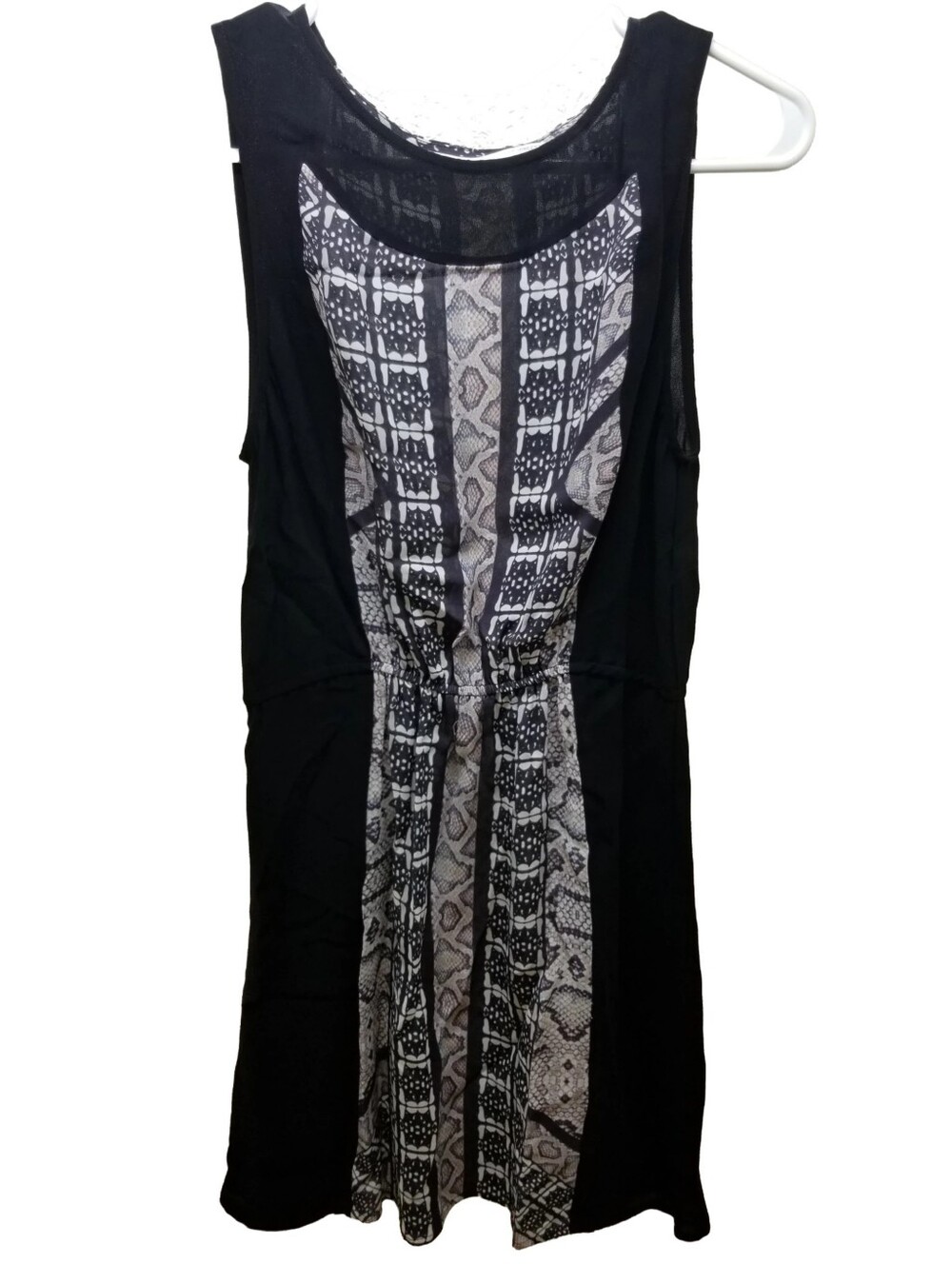 Black Sleeveless Rayon Small Dress with  Print Panel
